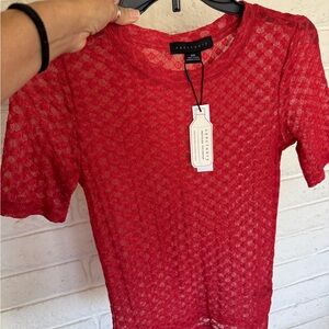 Sanctuary Red Sheer Lace Short Sleeve Top from Anthropologie